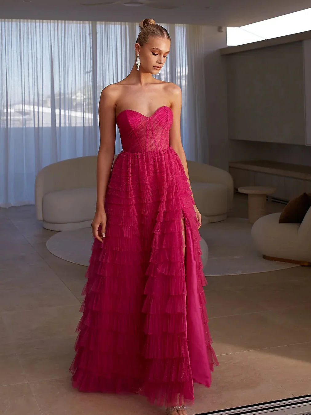 Hot pink corset sweetheart tiered tulle A-line maxi prom dress, front view