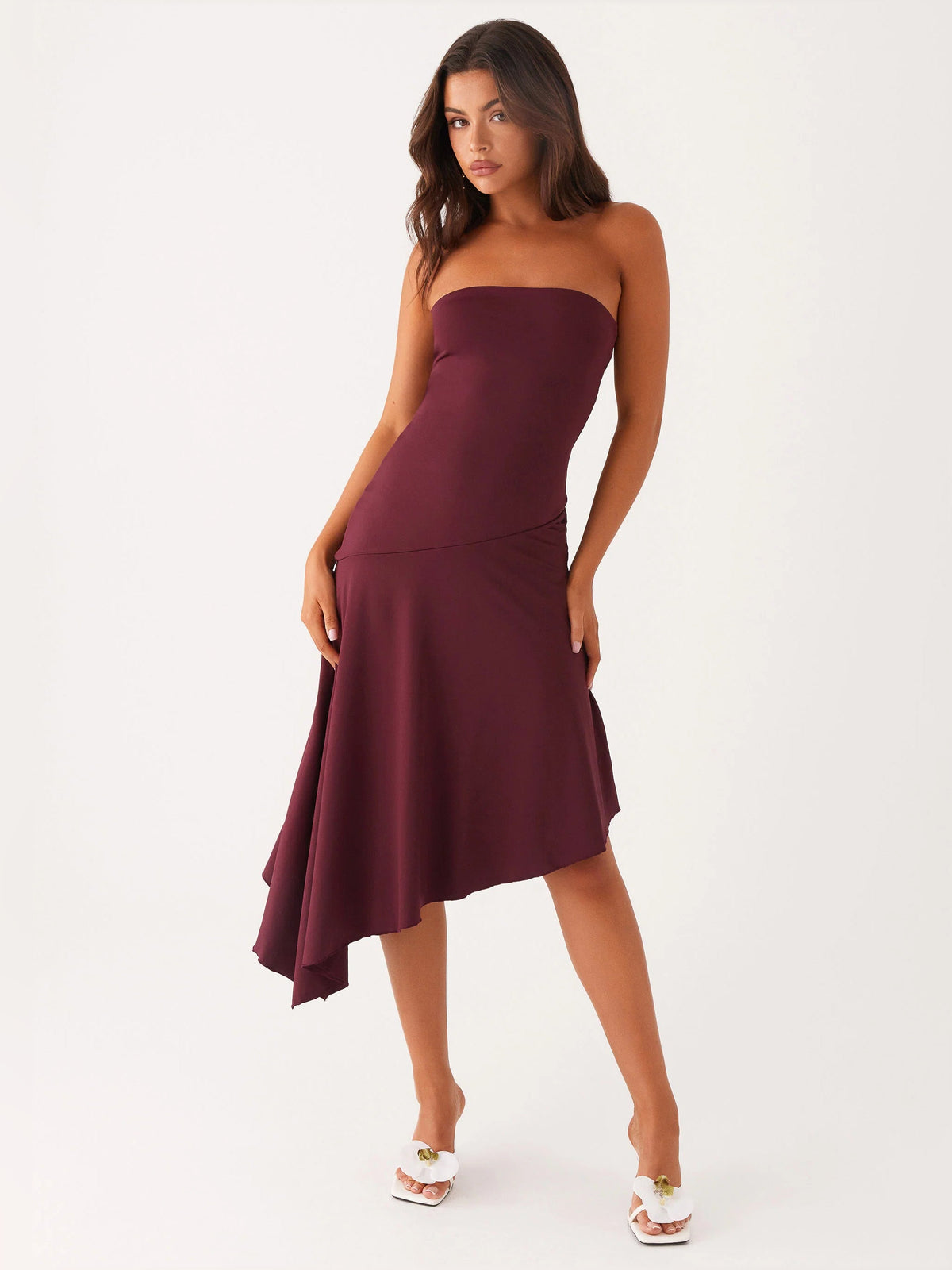 Mulberry midi formal dress, strapless neckline, draped asymmetrical skirt hem