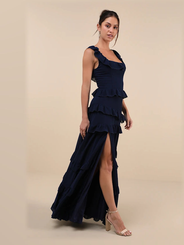 Dark Blue maxi formal dress, alternate full-length view showing the skirt