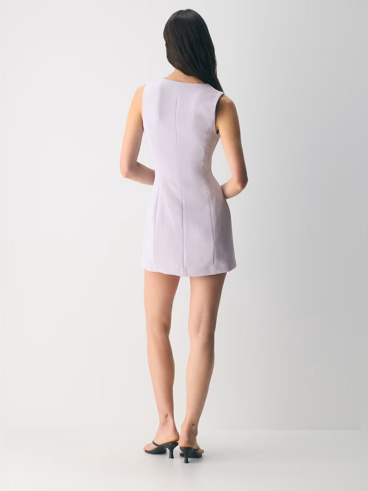 Lavender mini crepe homecoming dress, back view