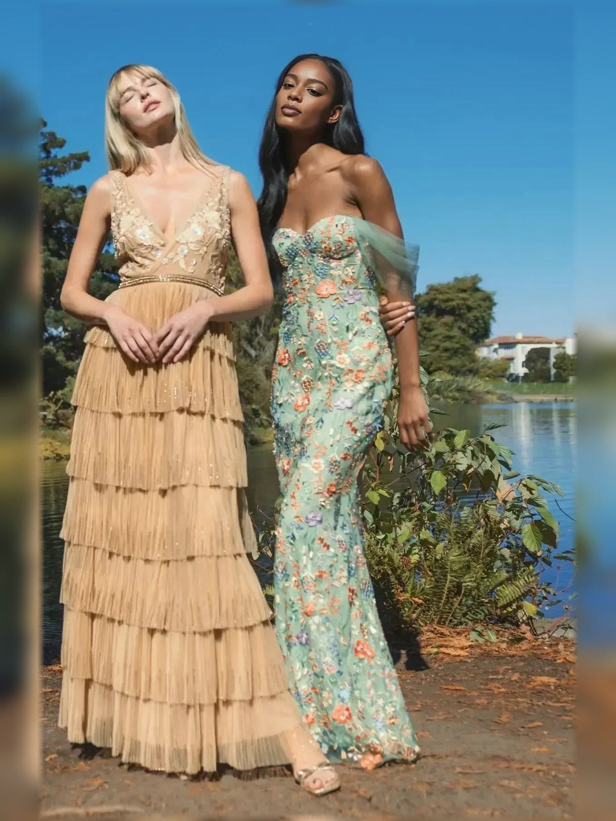 Floral off-shoulder mermaid maxi dress, light green with pink and purple floral details