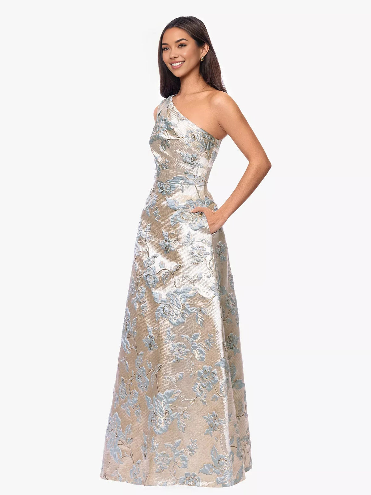 One-shoulder floral jacquard A-line formal dress, floor-length skirt, light blue on cream