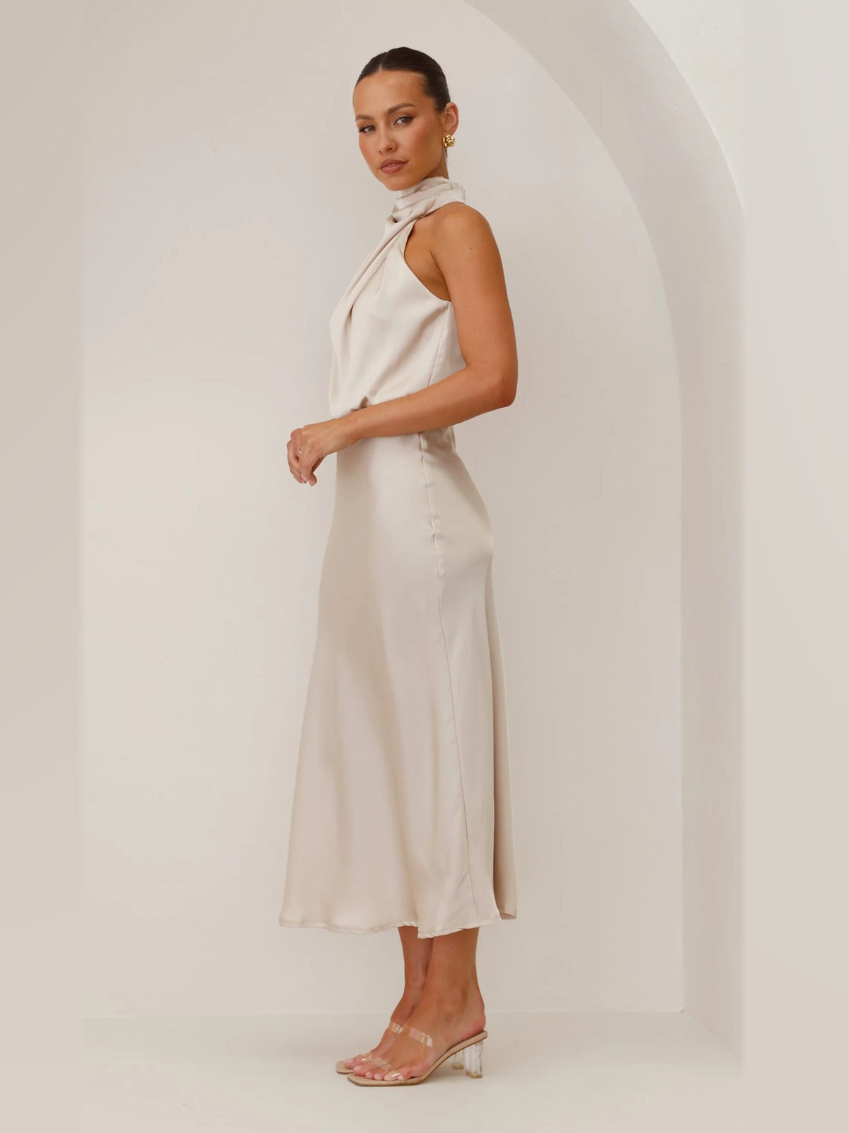 Champagne midi formal dress, alternate full-length view showing the skirt