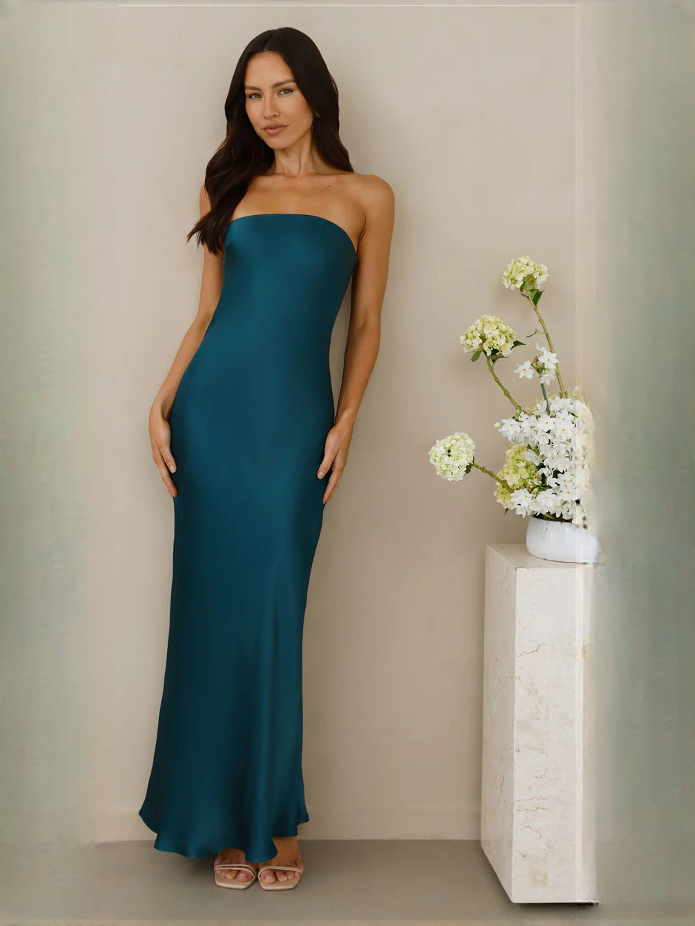 Teal sheath maxi formal dress with bow detail, alternate full-length view showing the waist