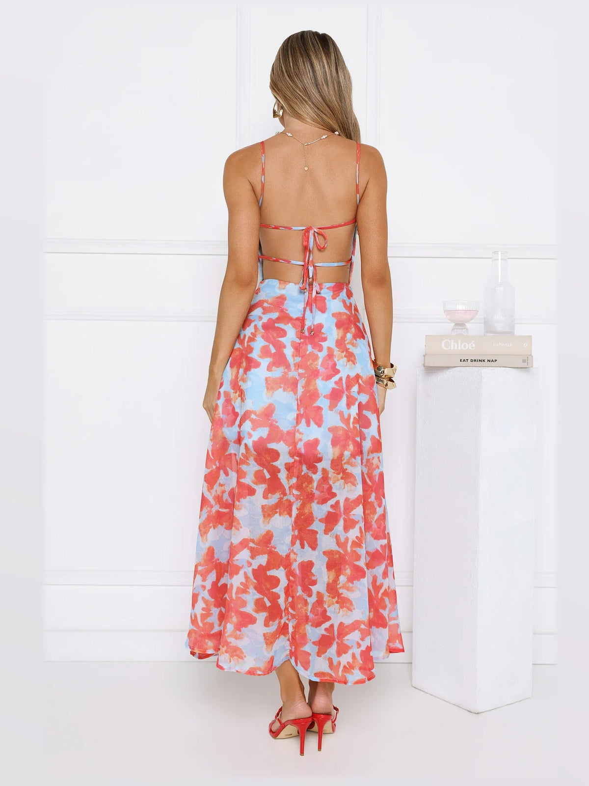 Blue formal dress with a-line detailing