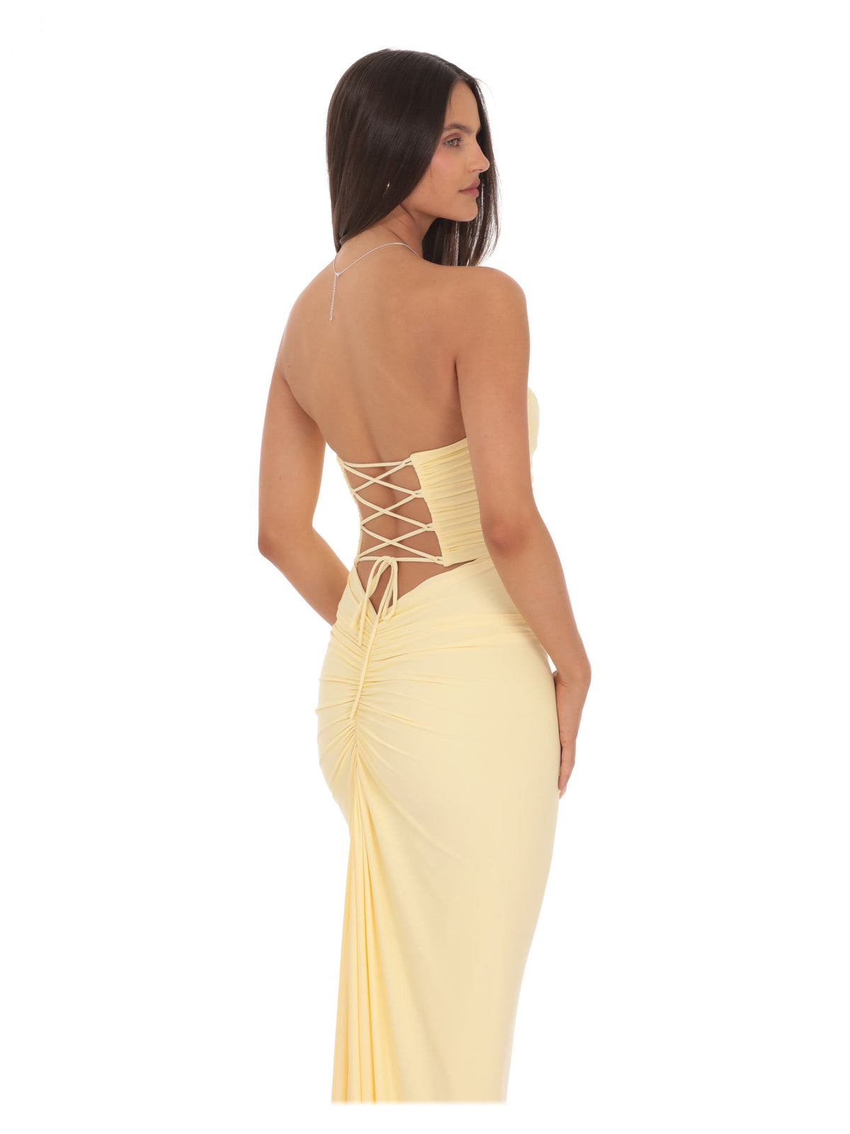 Yellow bridesmaid dress with corset detailing