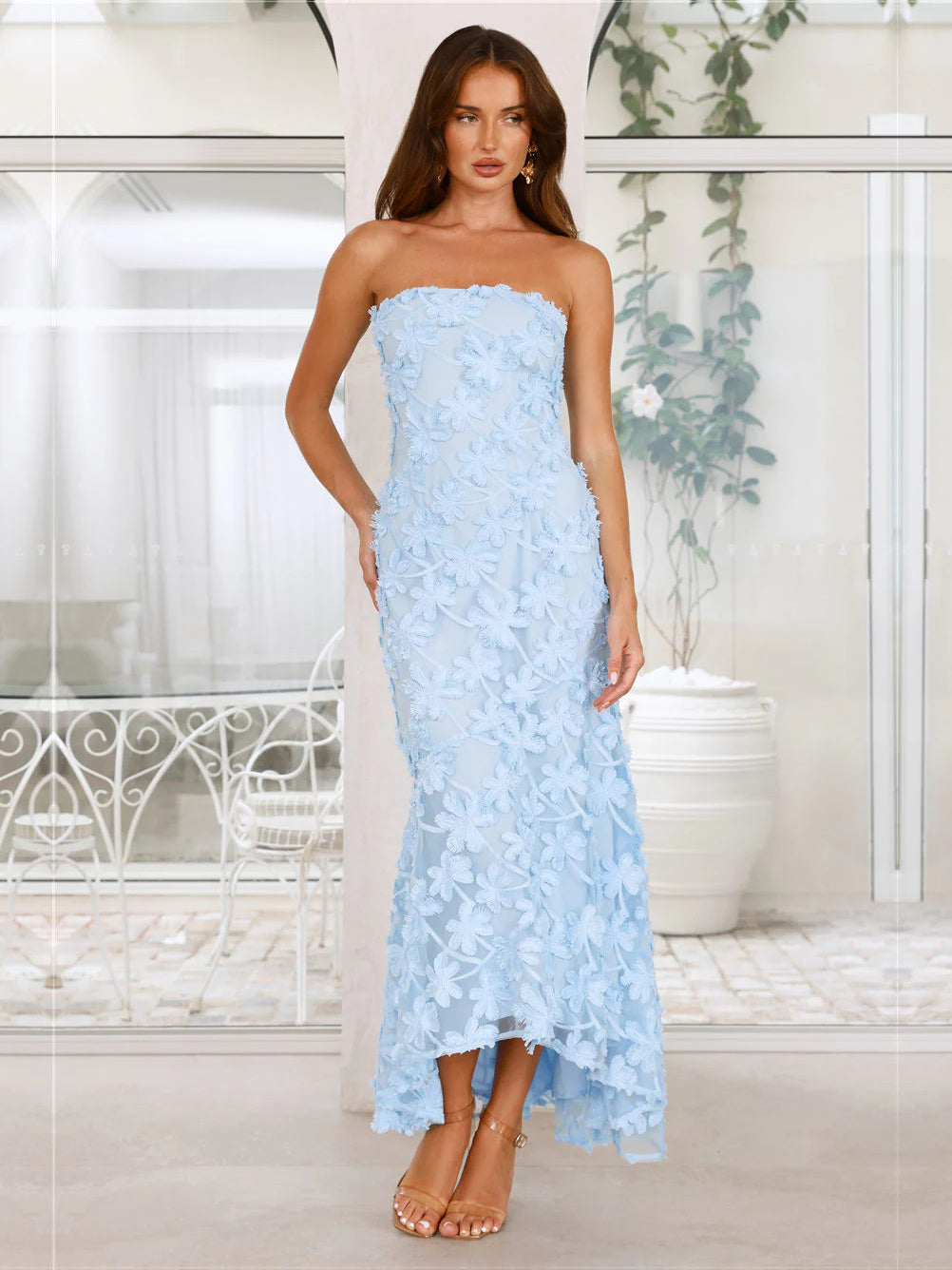 Blue sheath maxi formal dress with skirt slit, alternate view
