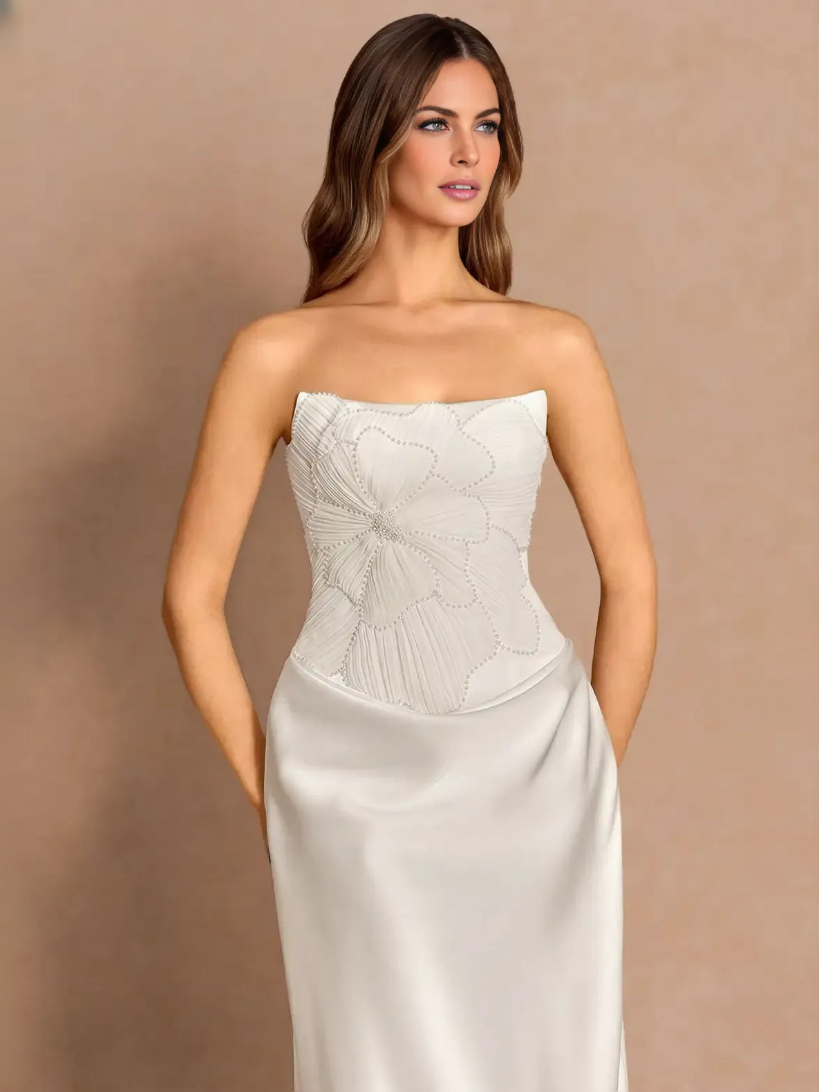 Ivory strapless corset midi satin dress with floral lacework bodice