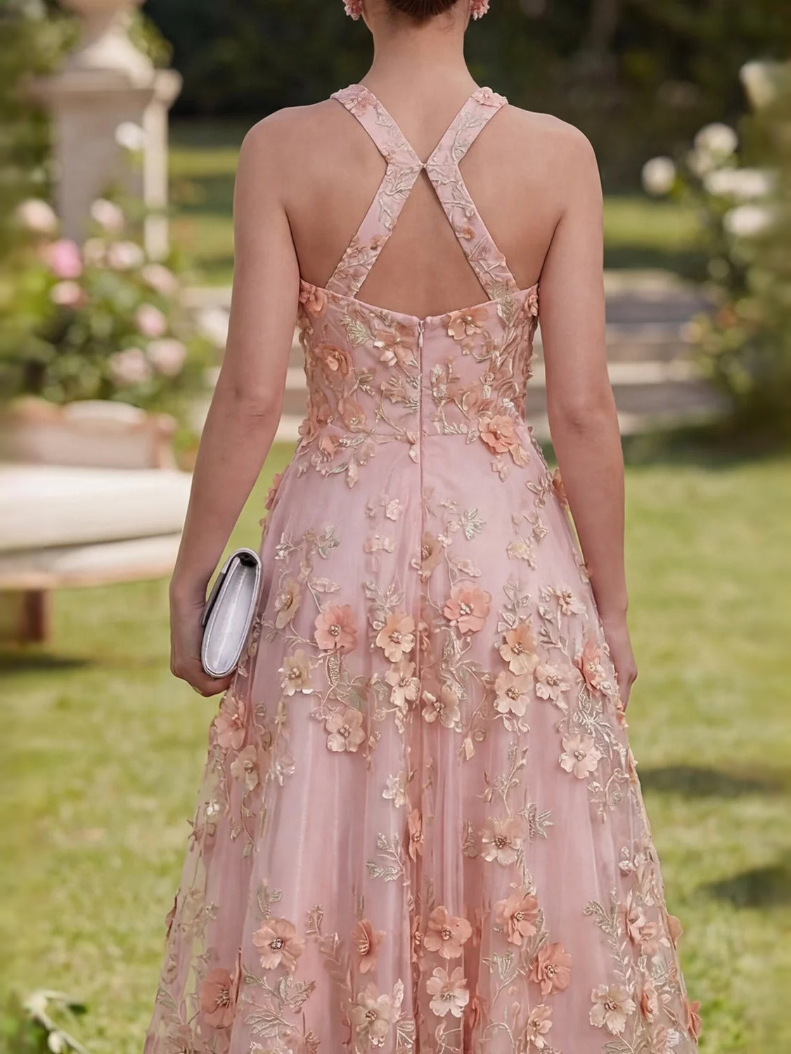 Dusty pink floral applique halter prom dress, crossed back straps and full A-line skirt