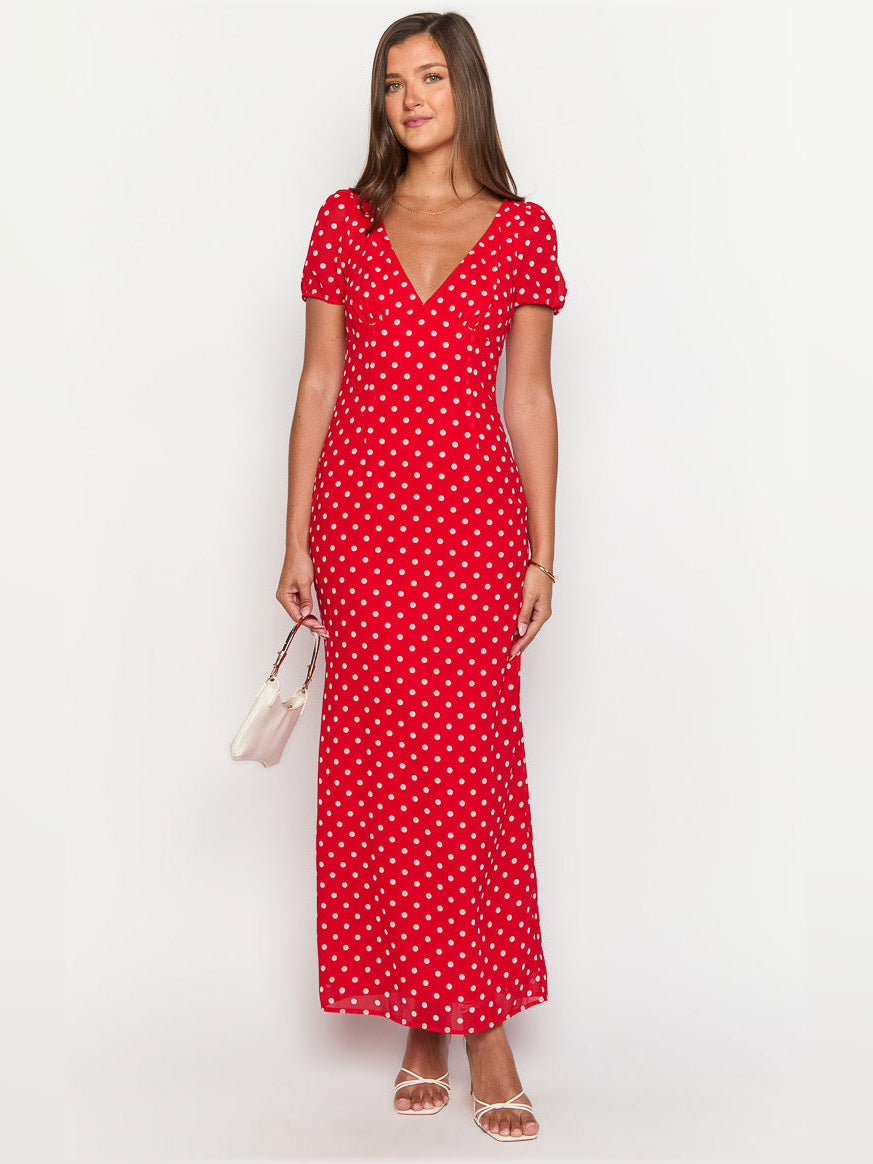 Red Polka Dot sheath maxi formal dress with printed pattern, alternate view showing the waist