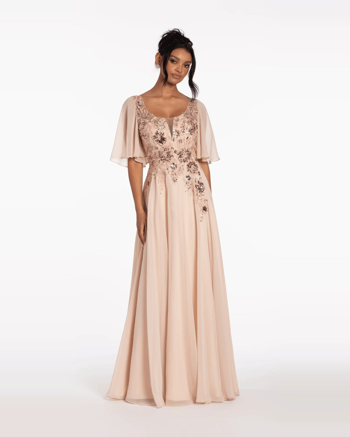 Blush A-line maxi prom dress with embellished sequin bodice and flutter sleeves