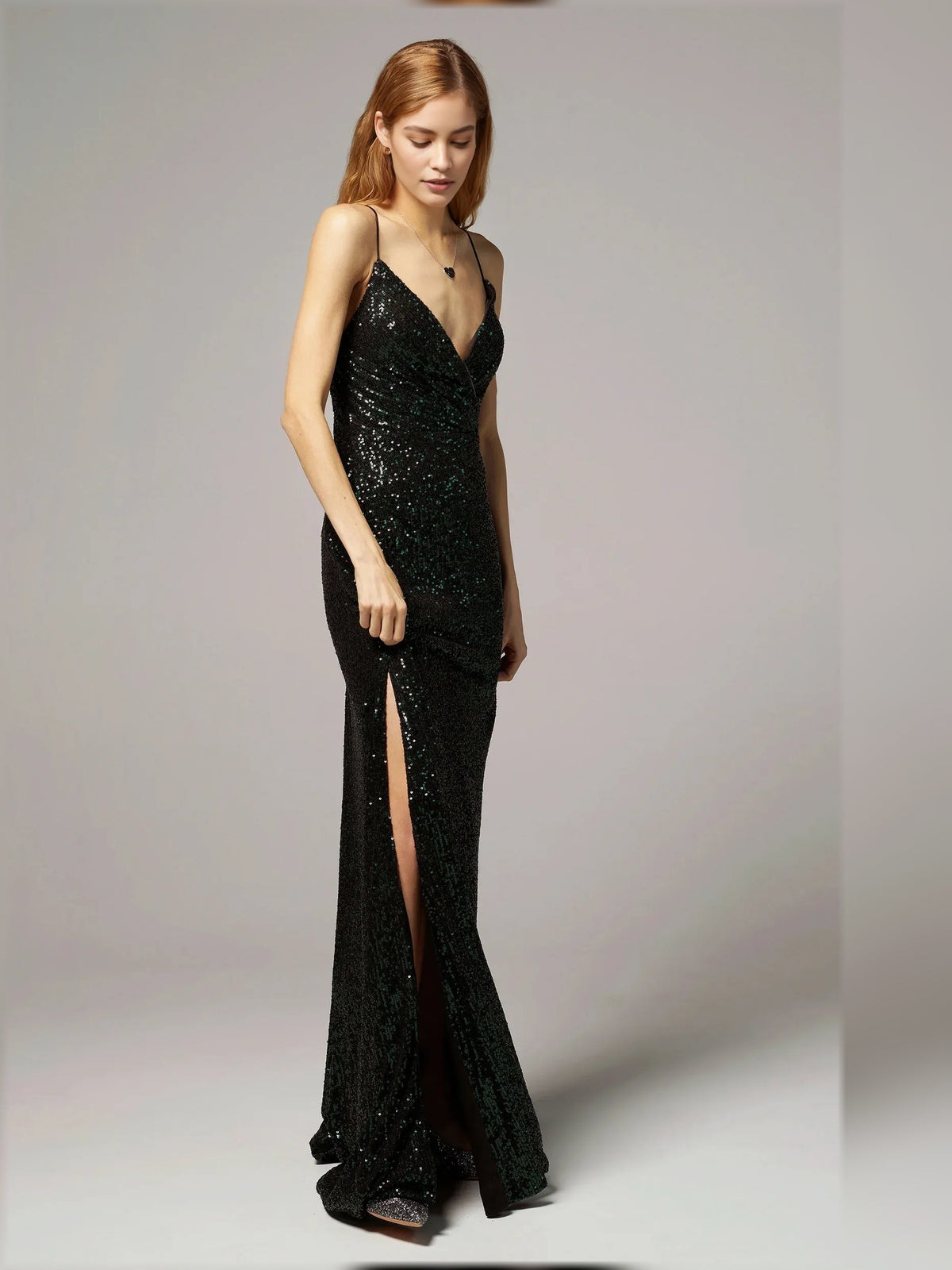 Black sequin V-neck sheath formal dress with open back and long front slit