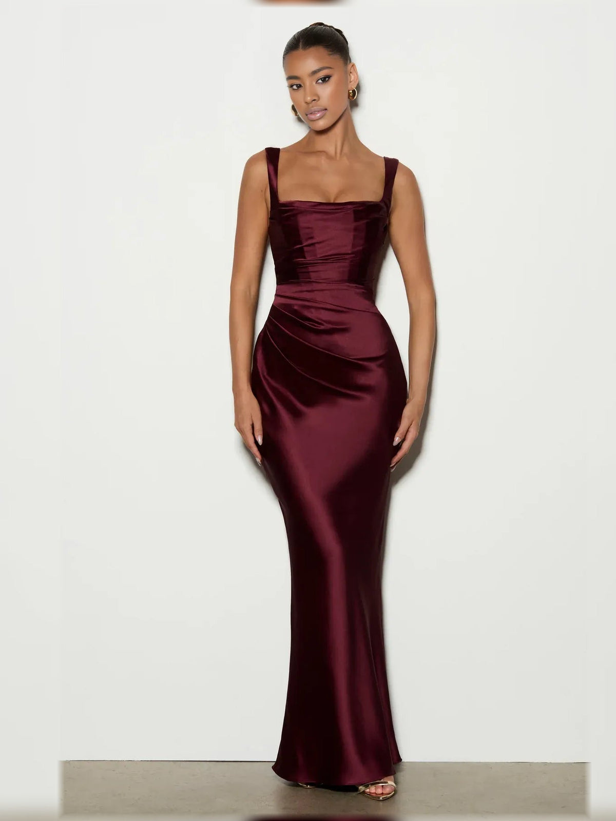 Burgundy square-neck corset formal dress with gathered bodice ruching and long skirt