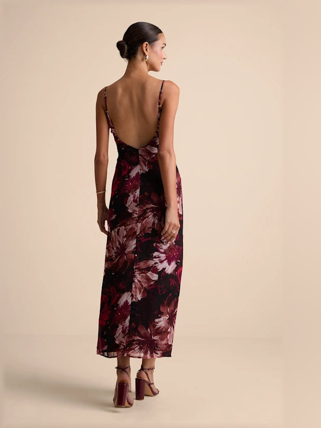 Floral midi formal dress with burgundy print, spaghetti straps, deep V back, midi length