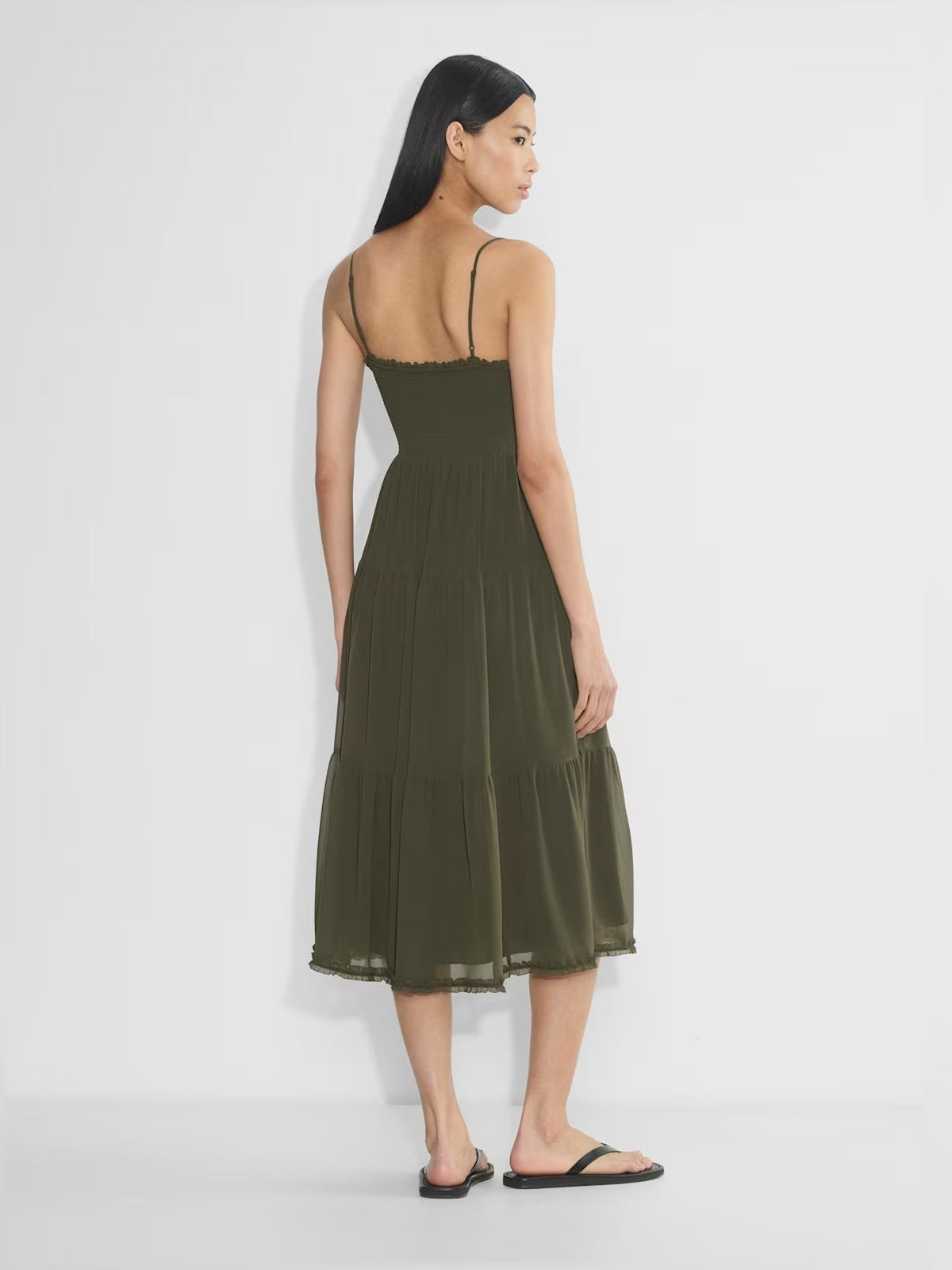 Olive tiered midi chiffon dress with low back and spaghetti straps