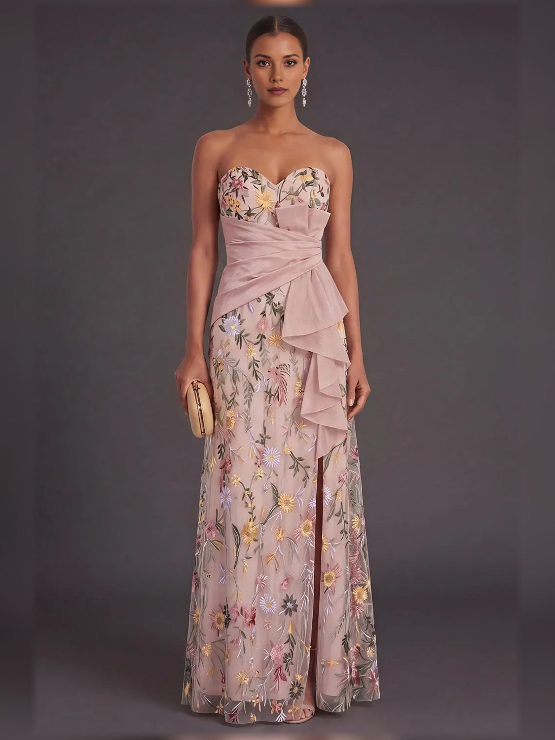 Blue floral formal dress with sweetheart bodice and rose-toned layered ruffle skirt