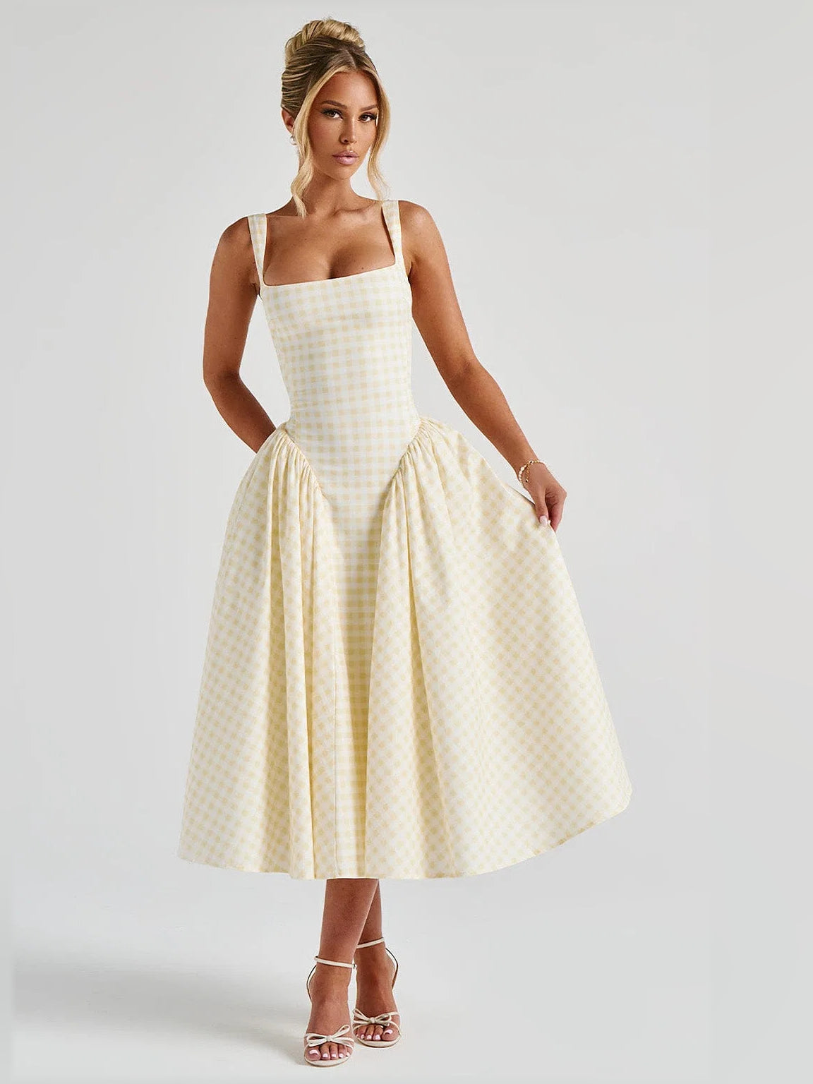 Lemon gingham midi formal dress with square neckline, fitted bodice, and voluminous gathered skirt
