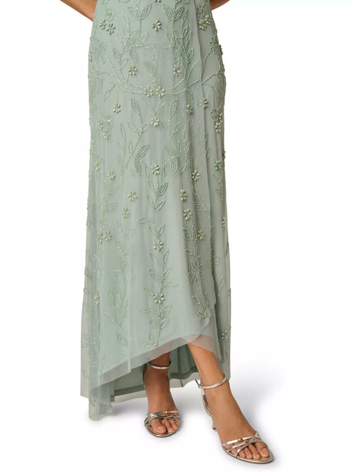 Dusty sage beaded floral embroidered high-low skirt hem with soft drape