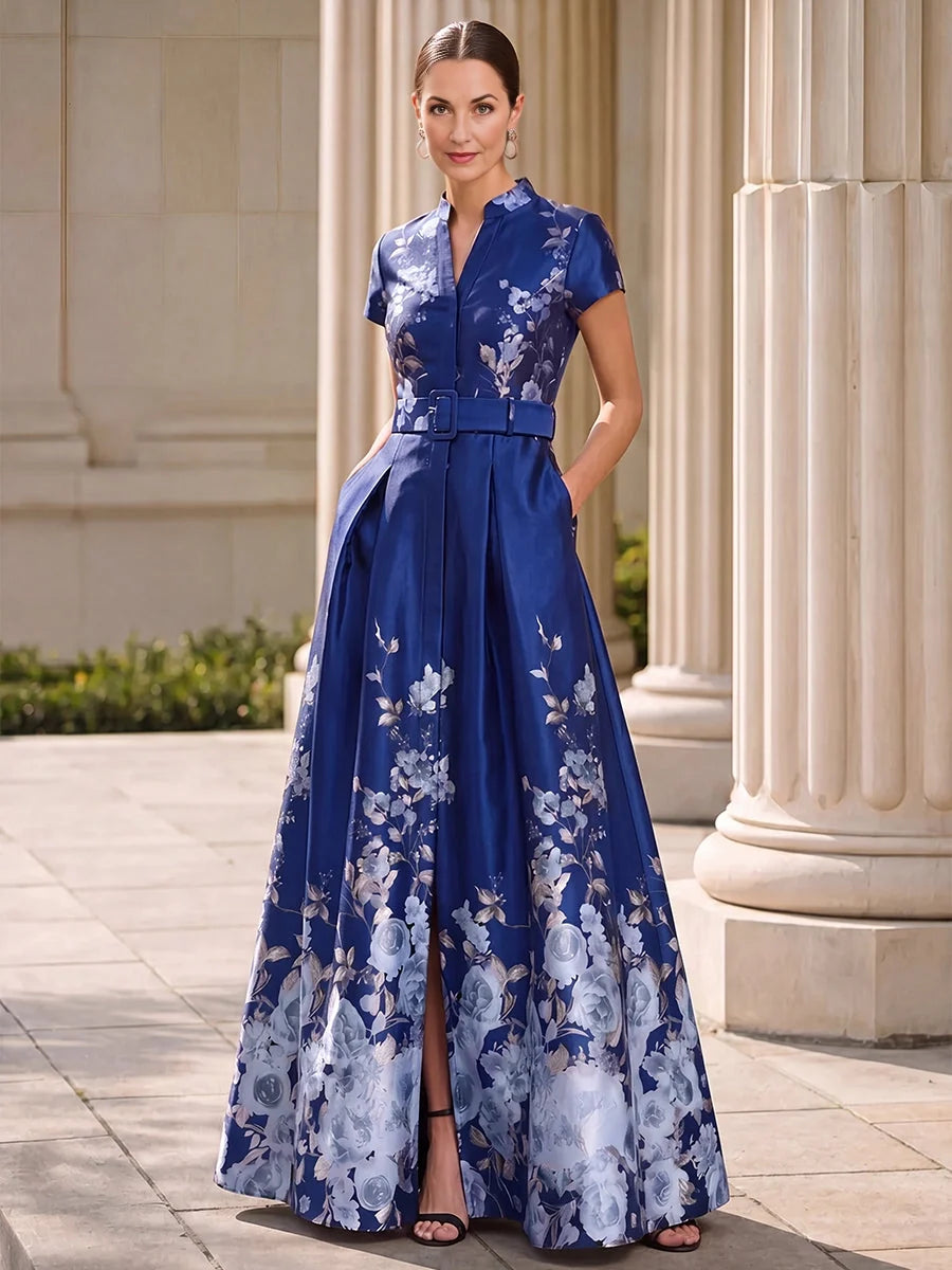 Dark blue floral satin high-neck A-line maxi dress with front slit and cap sleeves