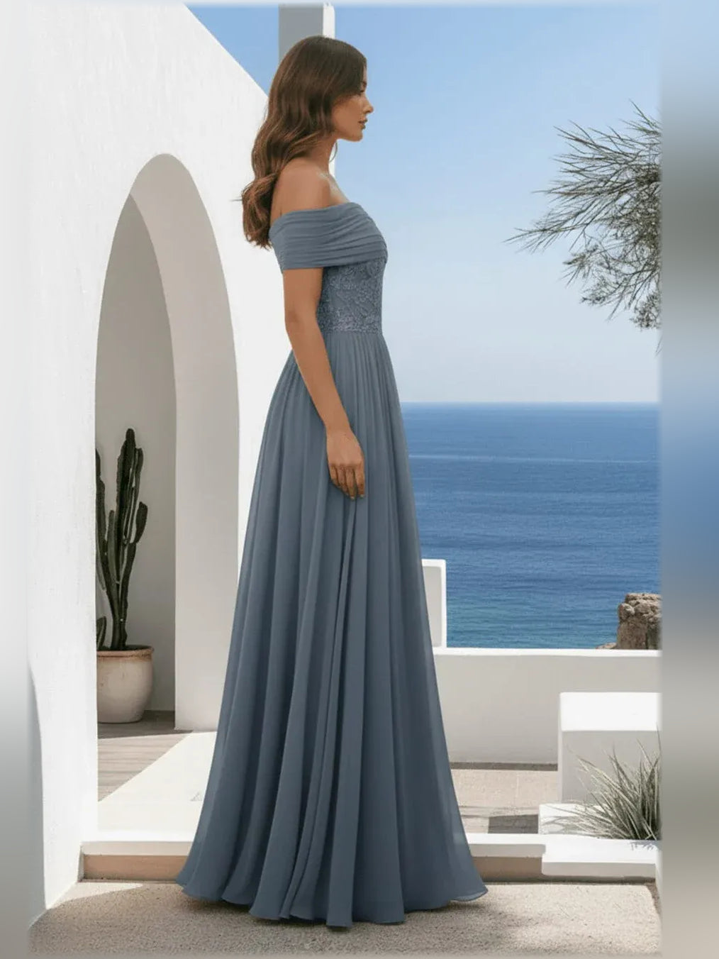 Dusty blue off-the-shoulder A-line formal dress with lace bodice, side view
