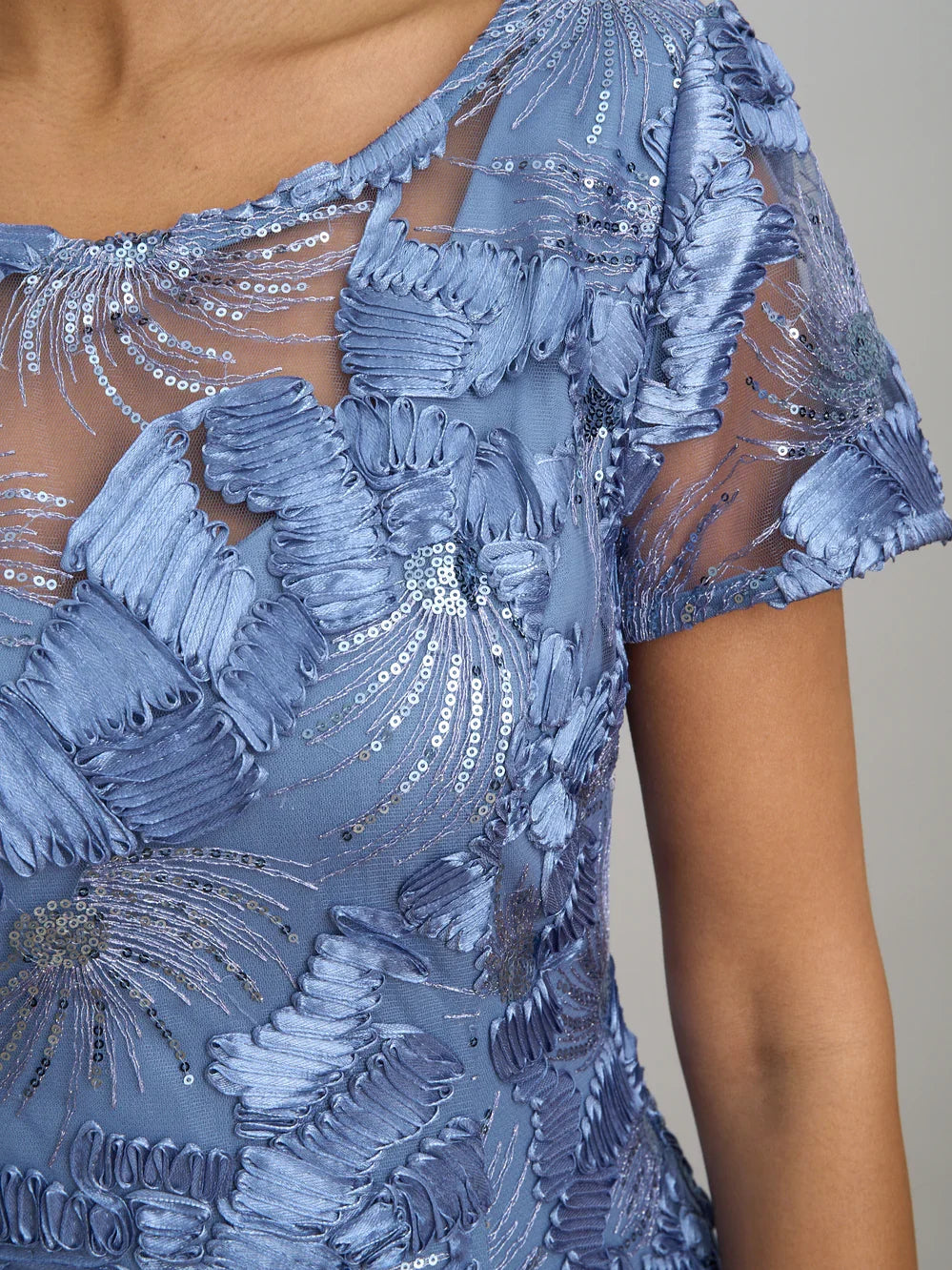 Dusty blue sequin and bead embroidery with textured rosette appliques detail