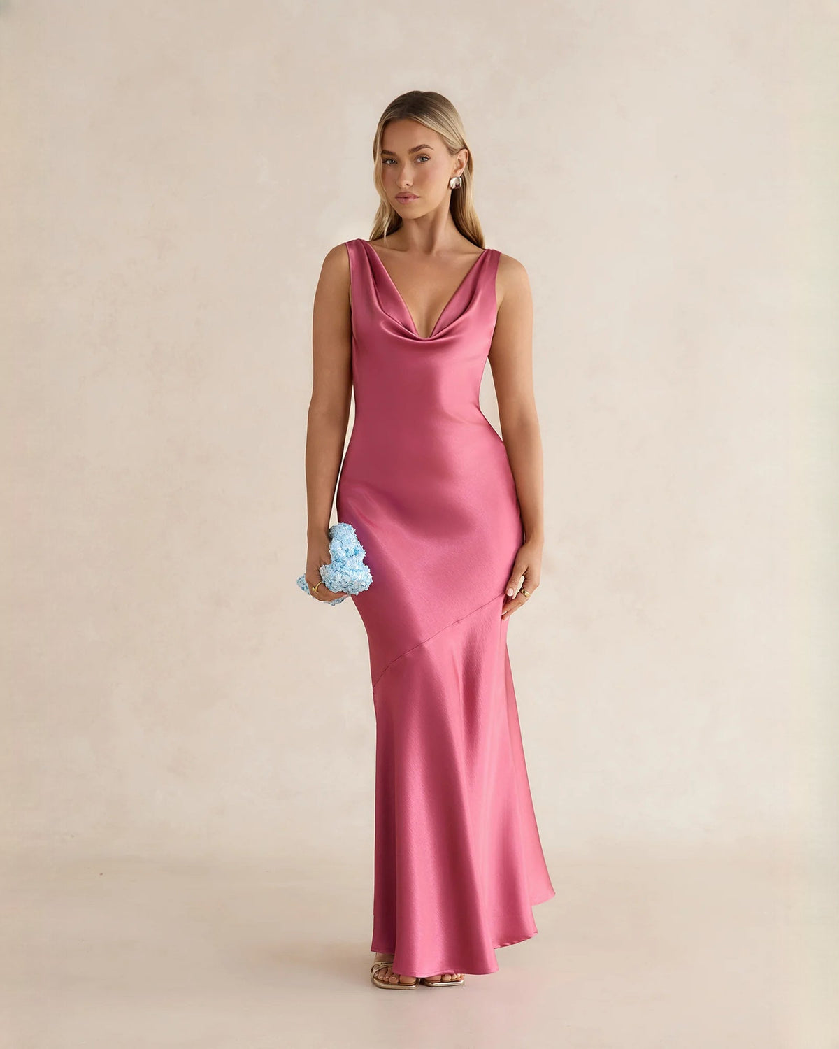 Pink satin sleeveless A-line maxi dress with cowl neckline