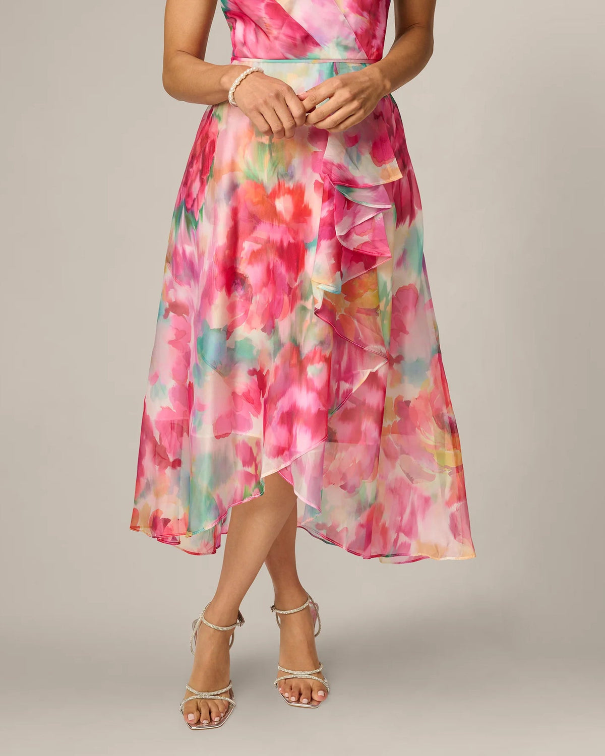 One-shoulder midi dress with layered ruffle skirt in pink multicolor watercolor print.