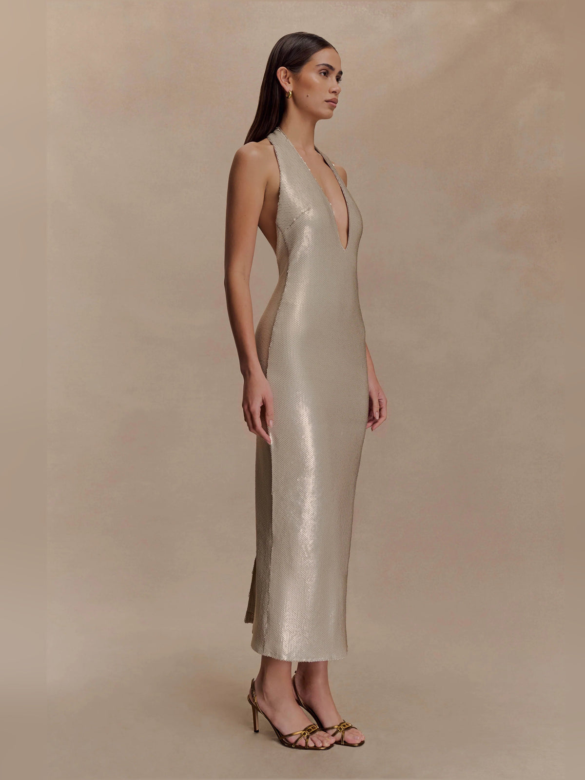 Gold sequin halter midi formal dress with sleeveless halter neckline