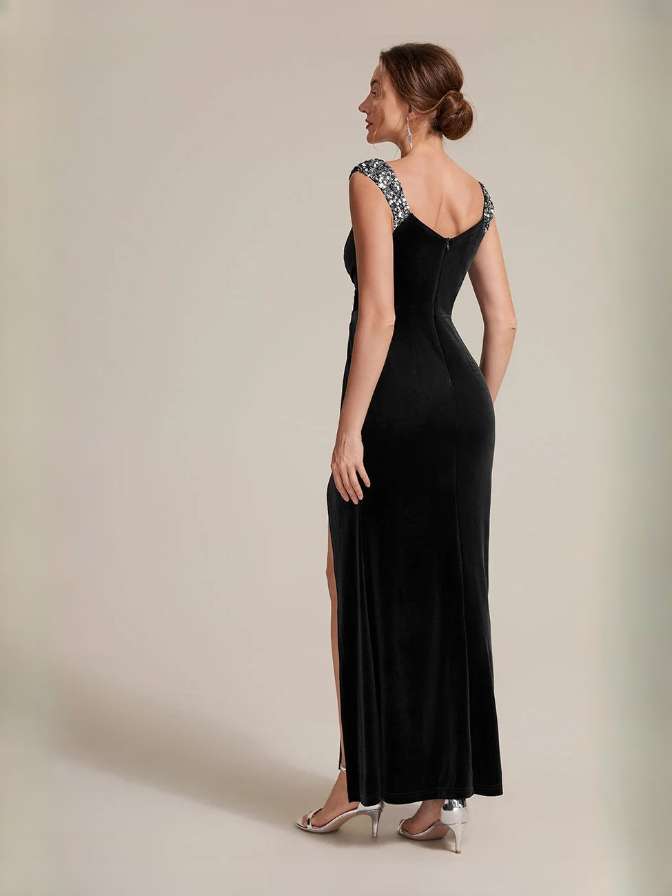 Black velvet mermaid maxi dress with beaded rhinestone open back and high slit