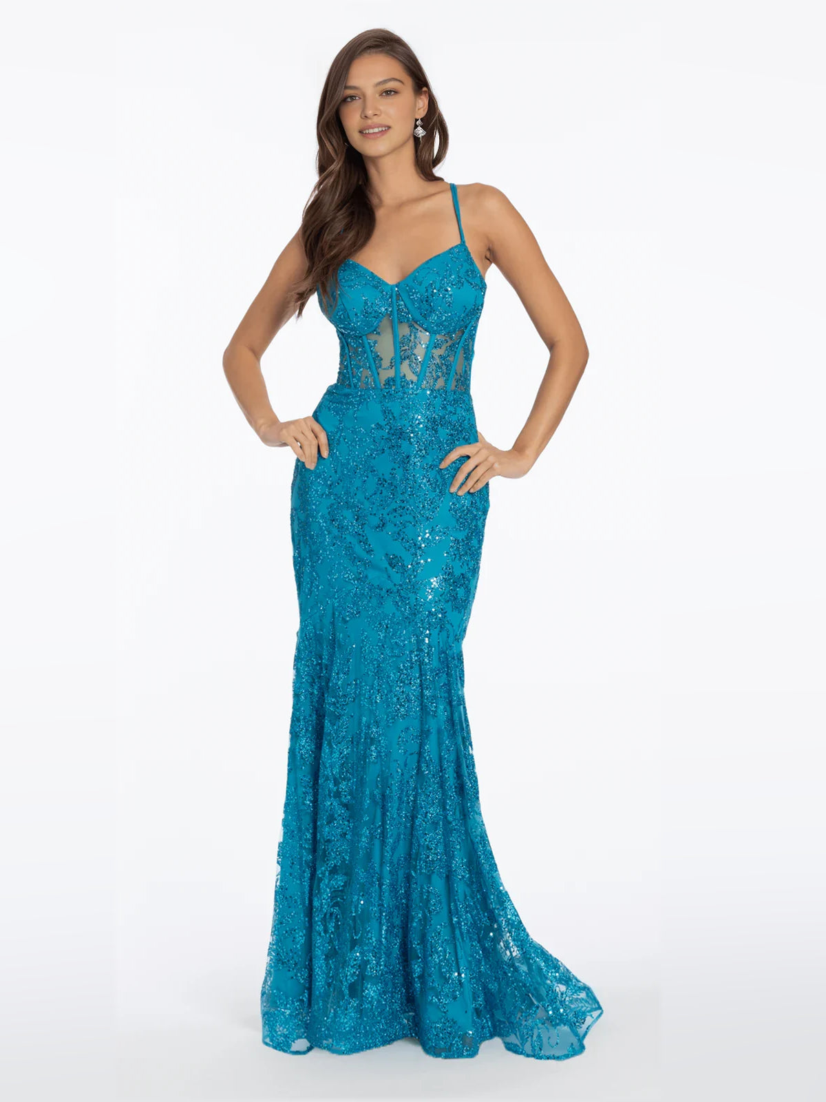 Turquoise sequin sweetheart mermaid prom dress with thin spaghetti straps