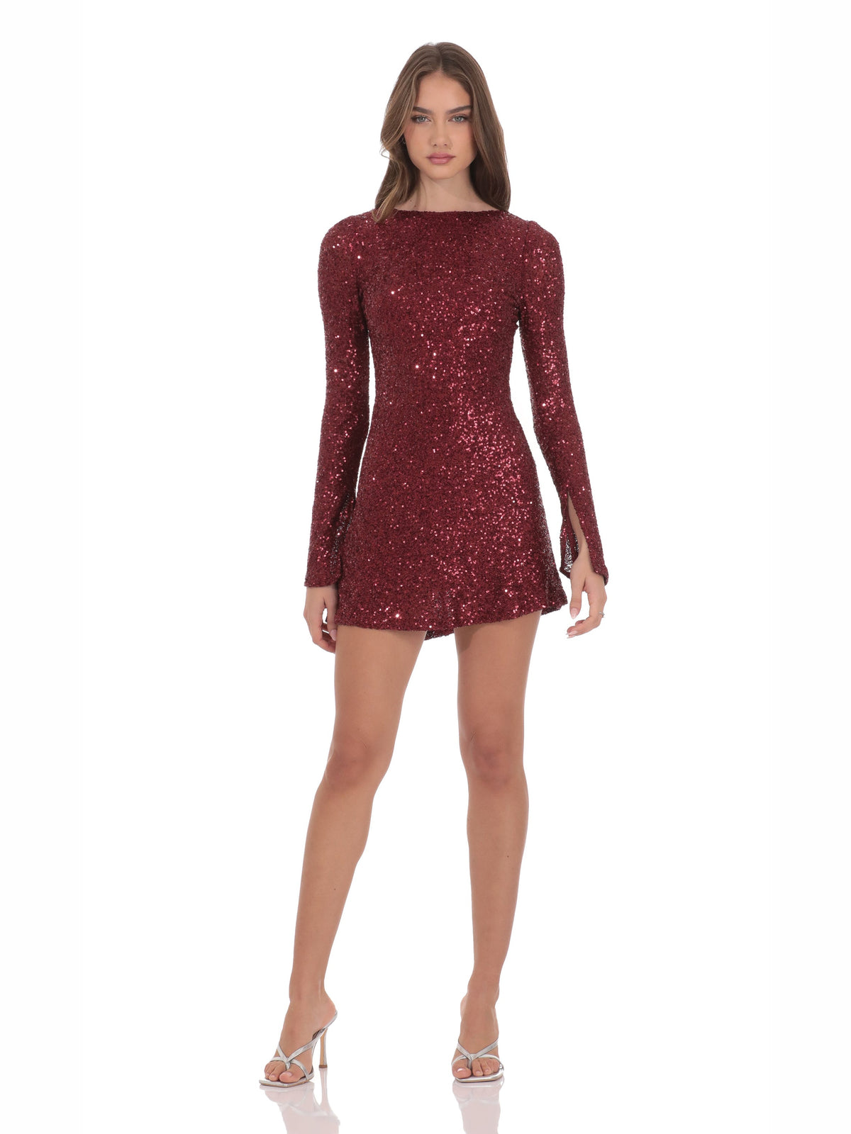 Maroon homecoming dress with sequin detailing