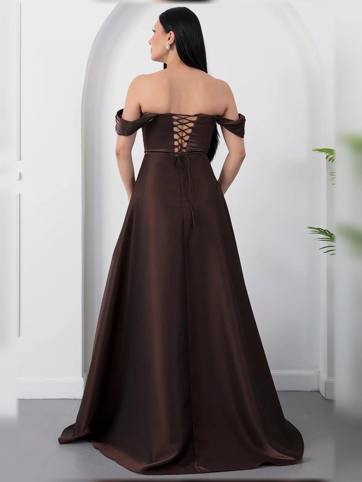 Espresso off-shoulder corset formal dress with crisscross back, floor-length