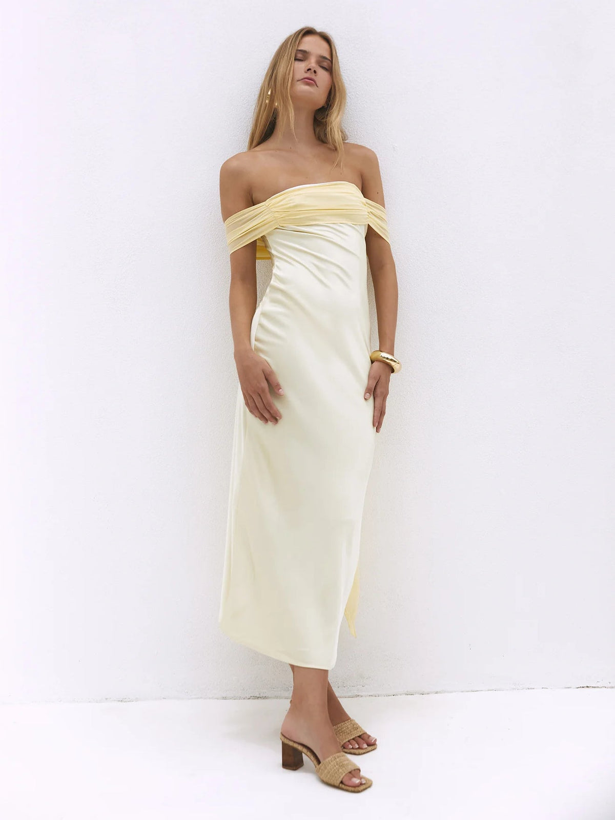 Yellow midi formal dress, alternate full-length view showing the skirt
