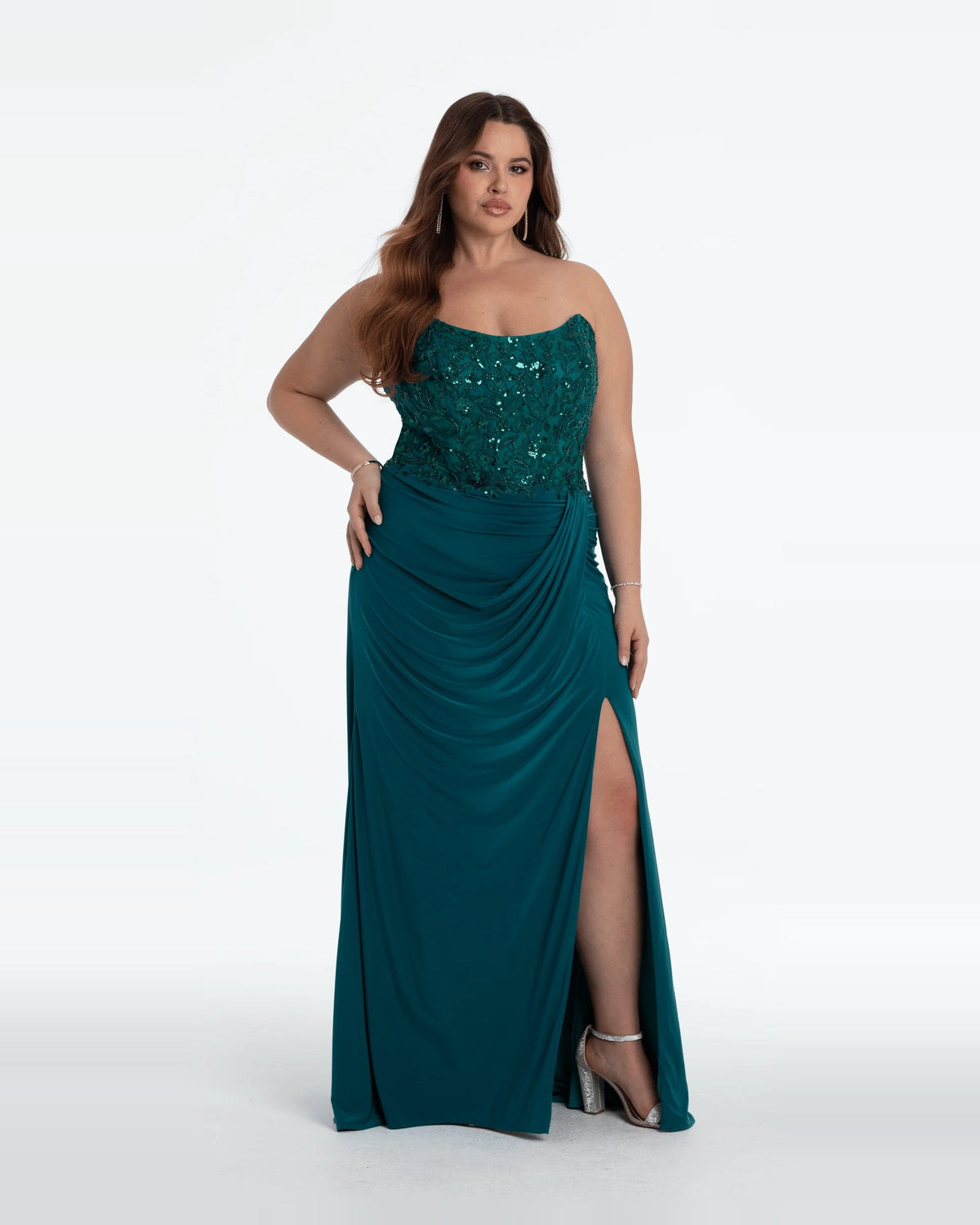 Green strapless corset maxi prom dress with beaded bodice and side-slit drape
