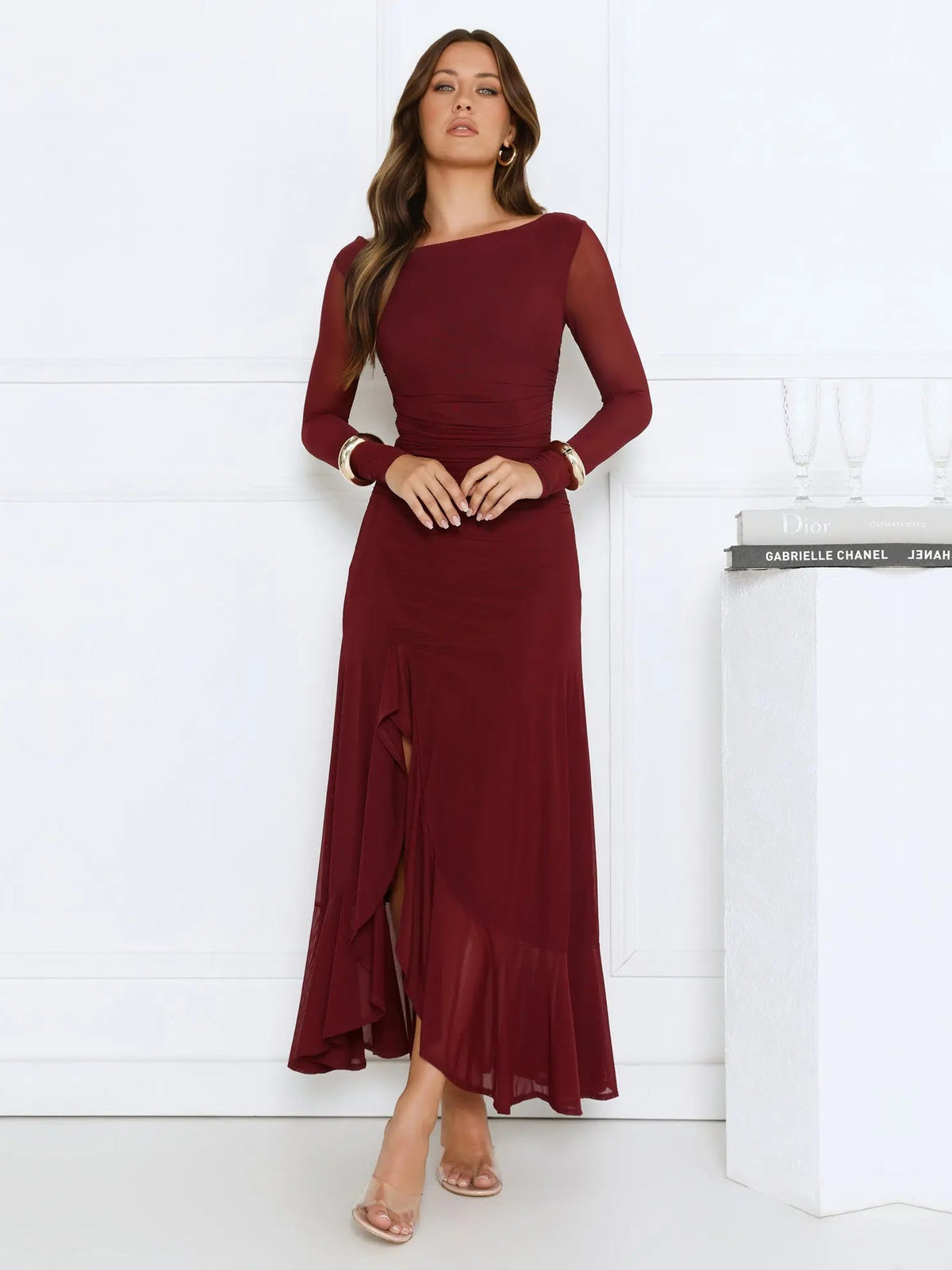 Wine a-line maxi formal dress with V-neckline, alternate view showing the waist