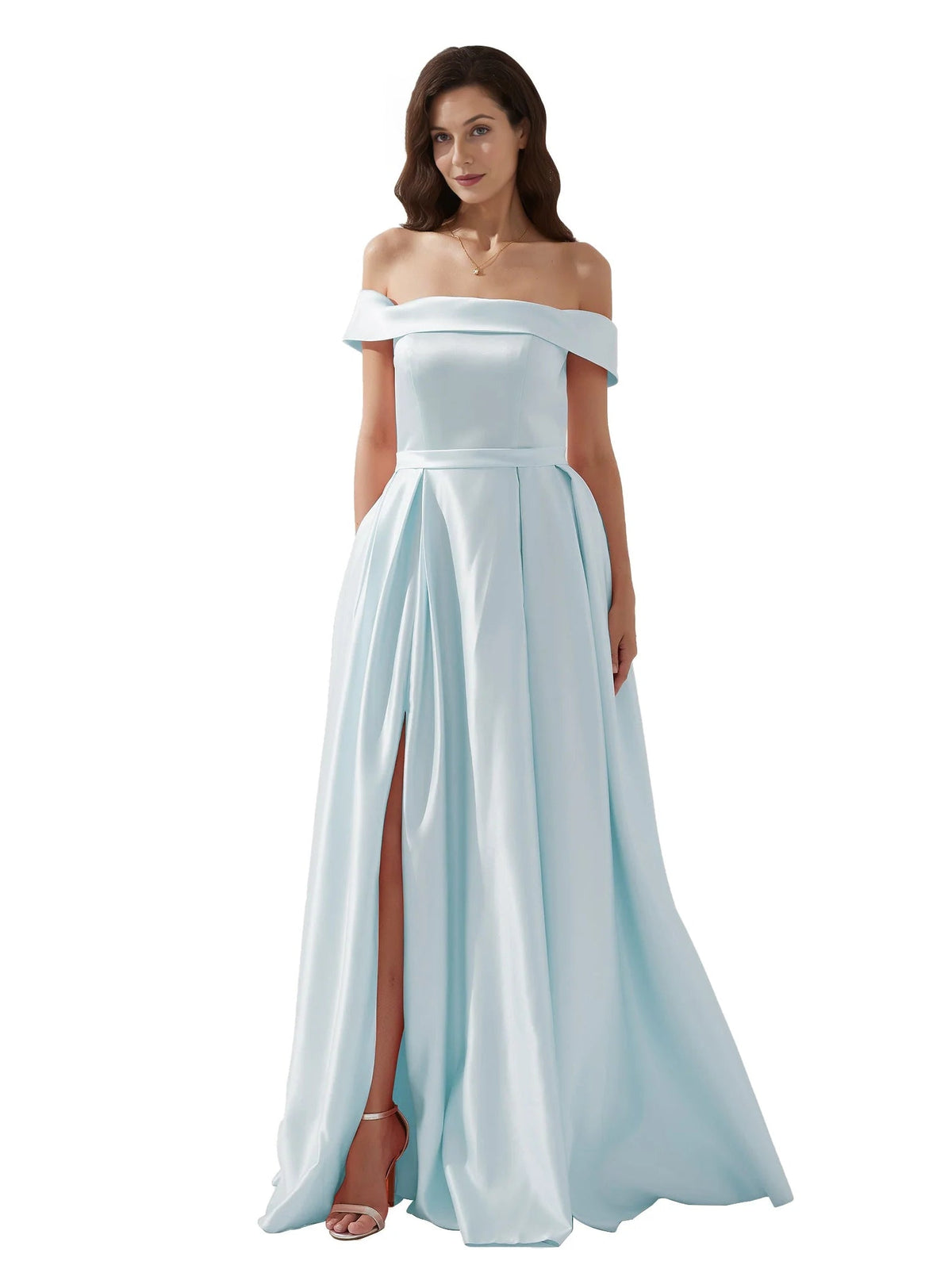 Light blue off-shoulder formal dress with open back, flowing floor-length skirt and side slit