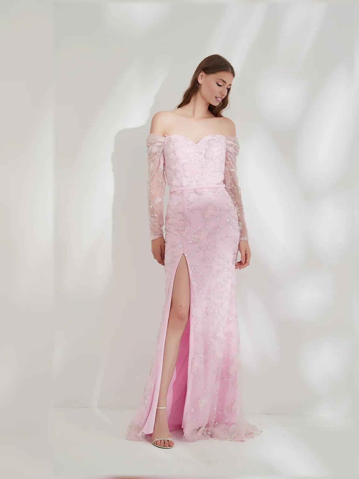 Blush pink floral off-shoulder long-sleeve formal dress with front leg slit