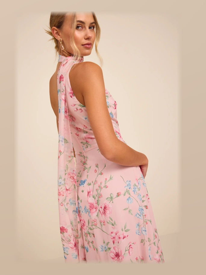 Light Pink Floral formal dress with a-line detailing