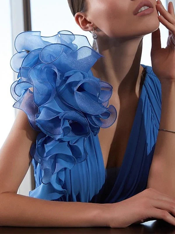 Blue chiffon maxi dress with layered ruffle detail at V-neck and shoulder