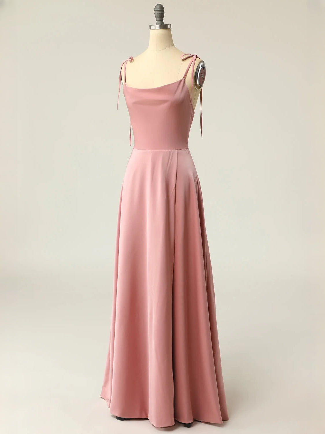 Dusty pink satin A-line maxi prom dress with spaghetti straps and draped skirt