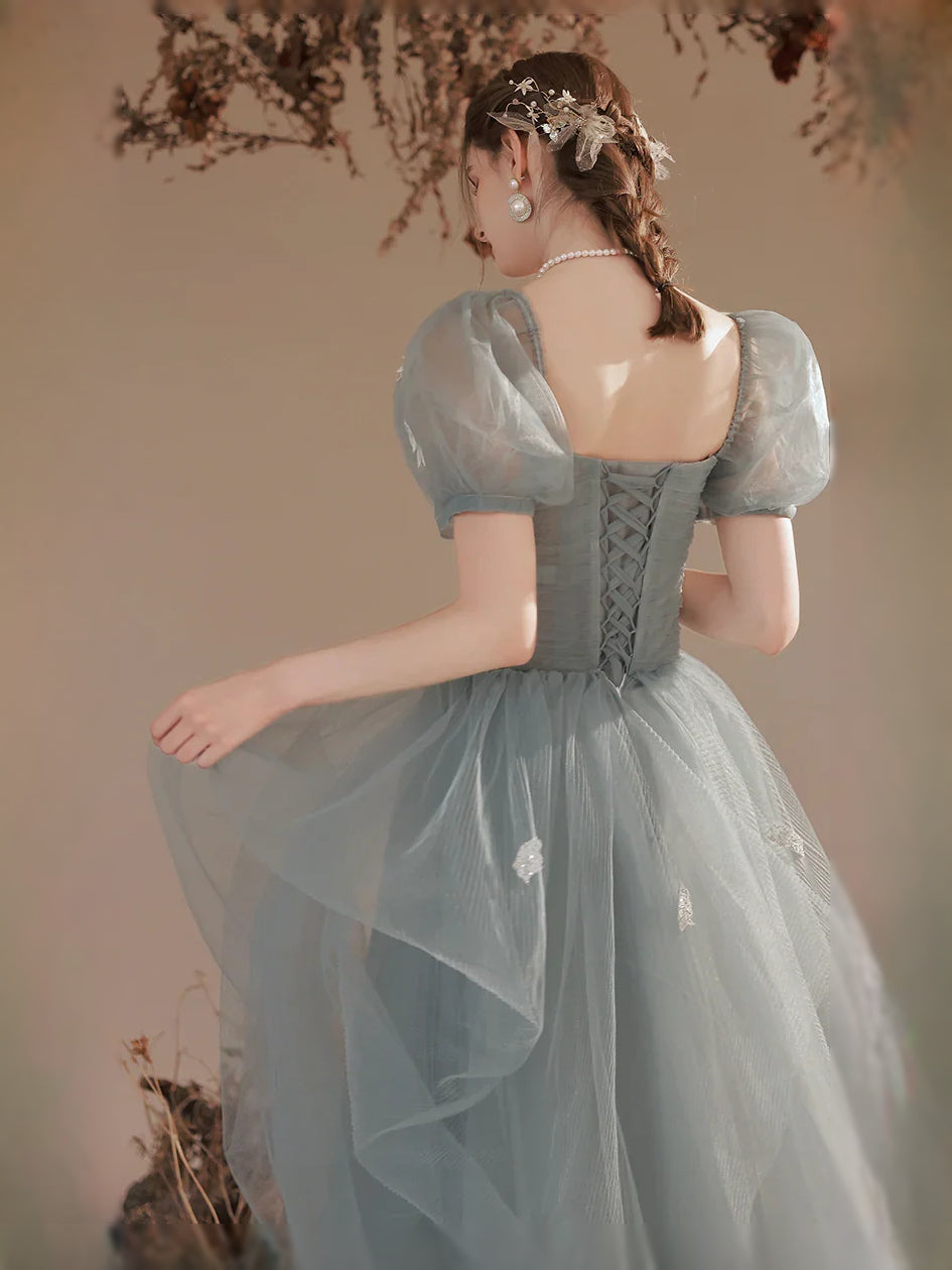 Mist blue off-shoulder corset tulle maxi with floral embroidery and A-line skirt, side/back view
