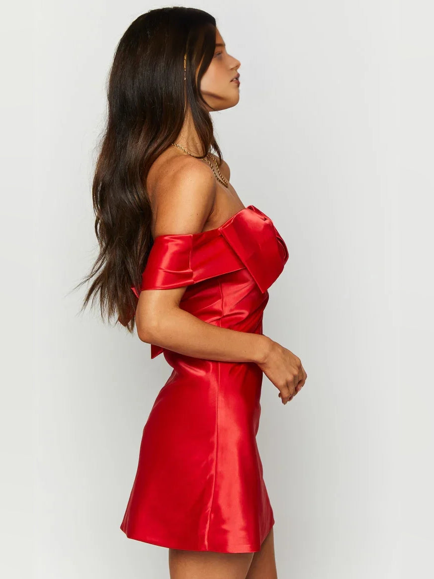 Red satin off-shoulder mini dress with draped bow shoulder detail, A-line skirt