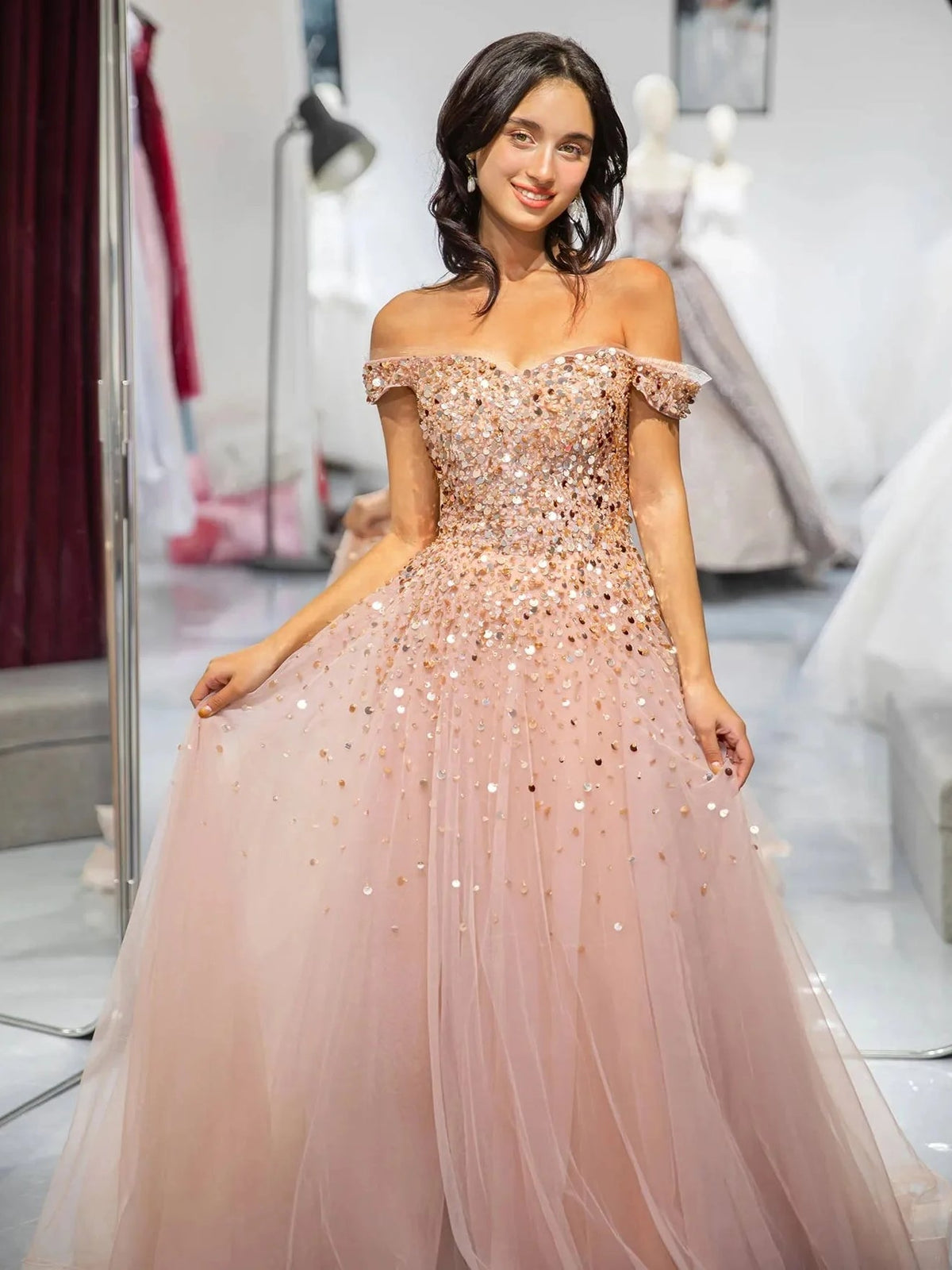 Champagne off-shoulder corset formal dress with sequined bodice and full tulle skirt