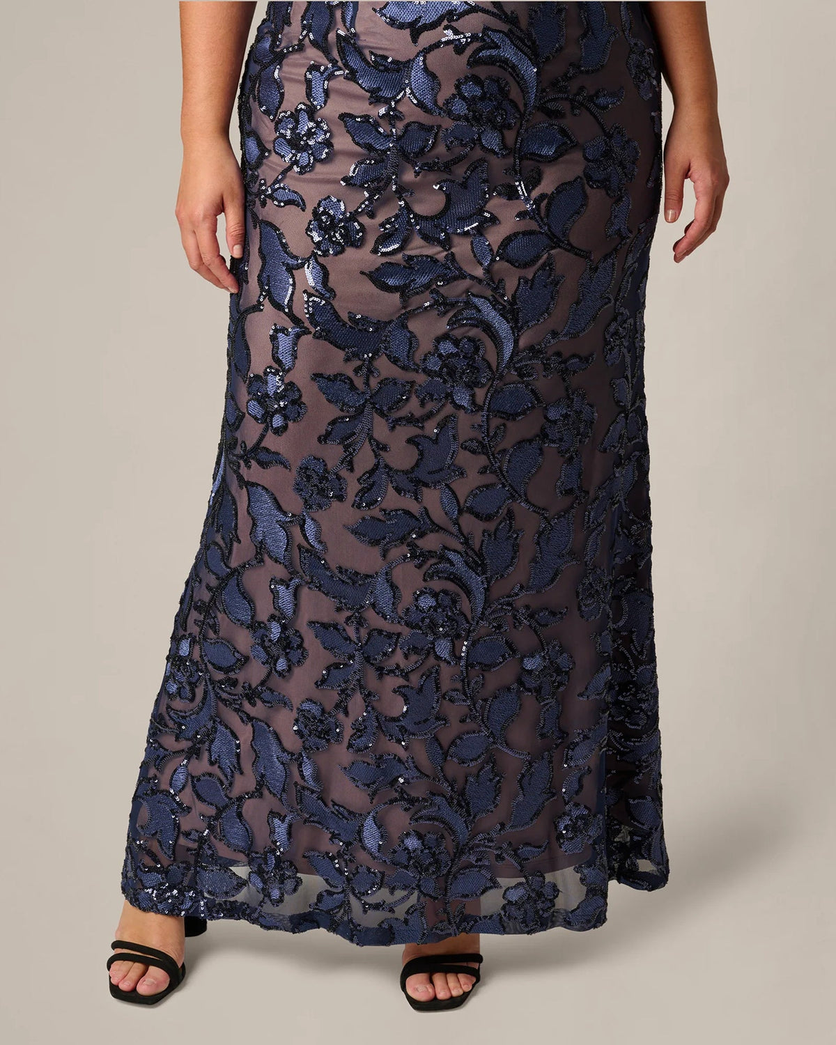 Navy floral sequin A-line maxi skirt with scalloped hem