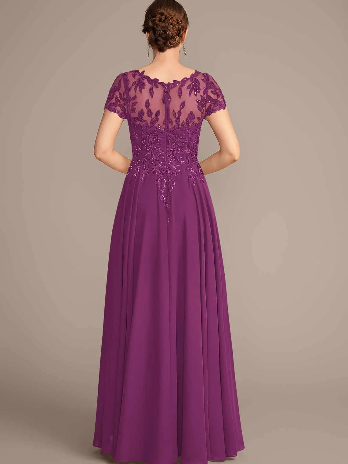 Orchid A-line chiffon dress with illusion neckline, lace cap sleeves, pleated skirt