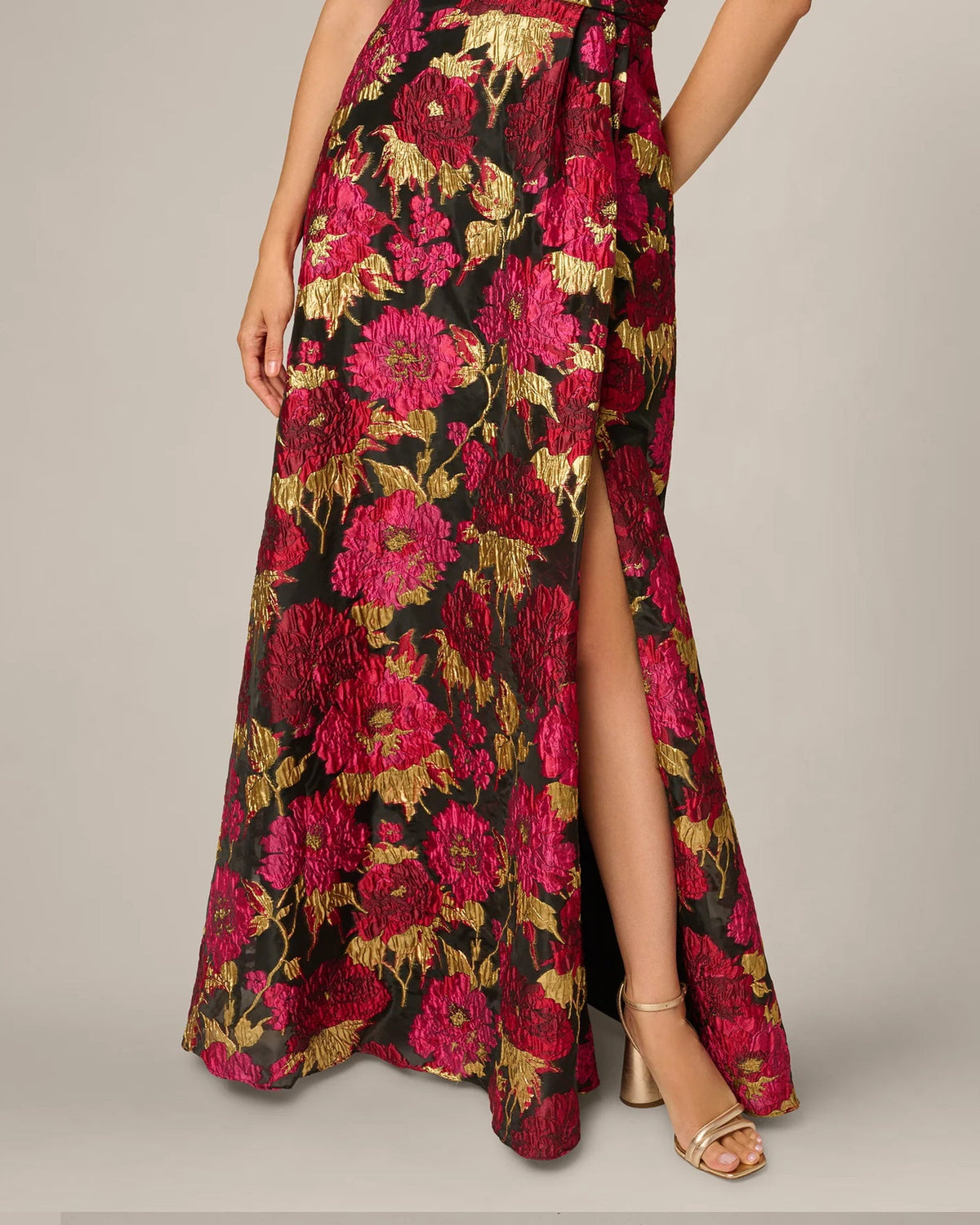 Floral one-shoulder A-line maxi dress with side slit hem, dark base and pink multi flowers
