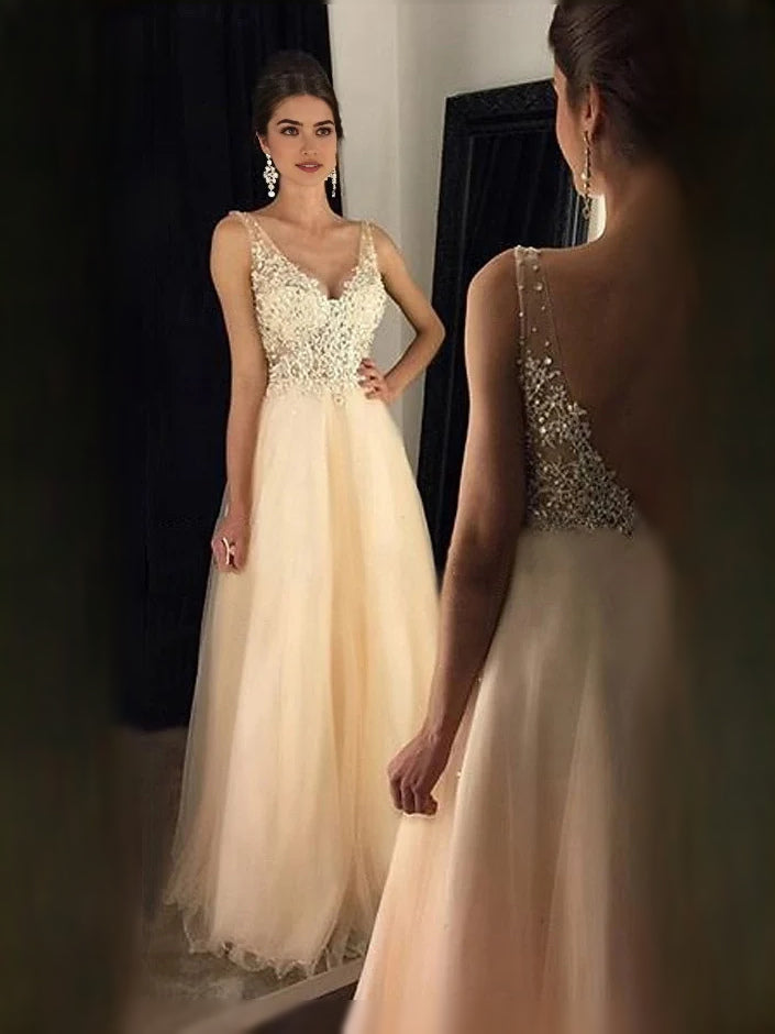 Gold beaded V-neck A-line tulle prom dress, sleeveless bodice and full skirt