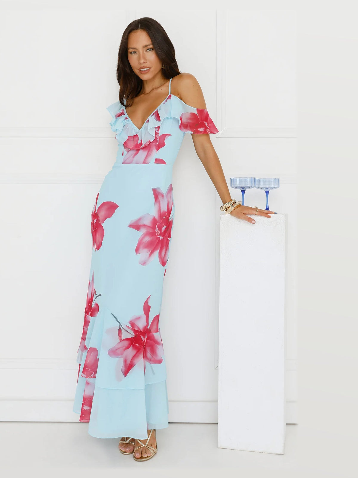Blue formal dress with a-line detailing