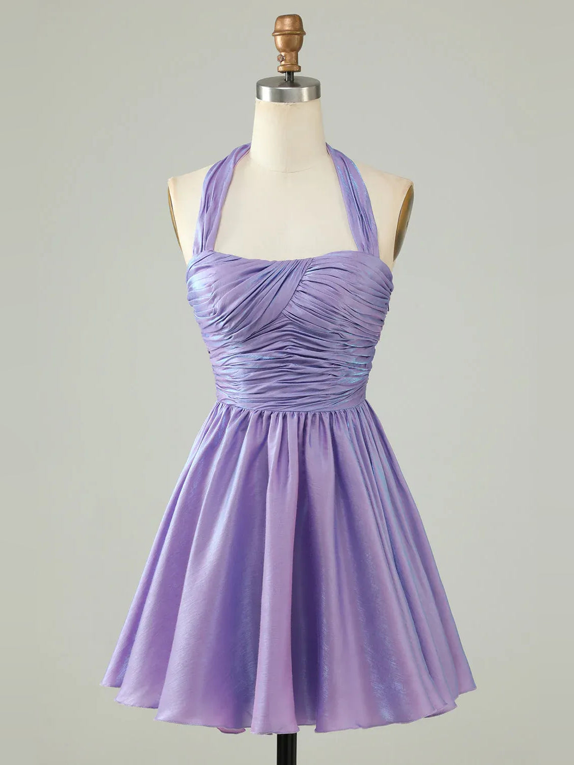Lavender ruched halter A-line mini dress on mannequin with gathered sweetheart bodice