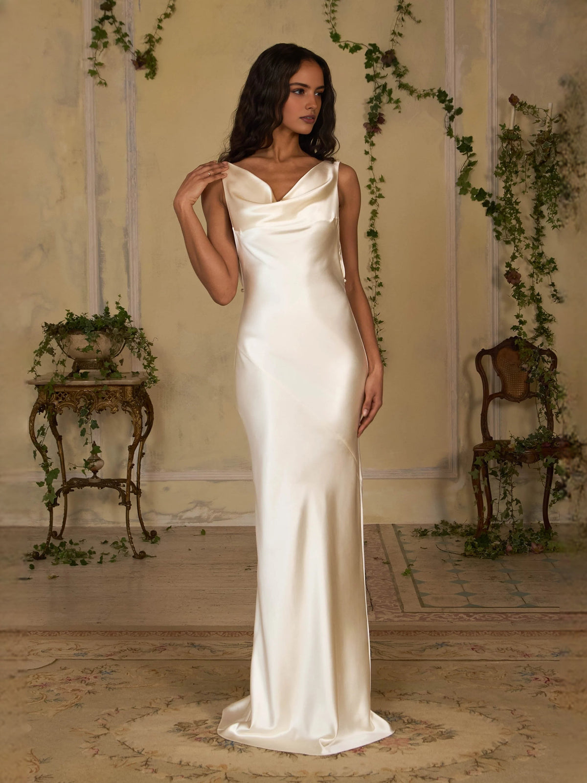 Ivory satin cowl-neck sheath prom dress with sleeveless drape and side hand detail